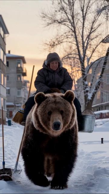 На медведе по зимней улице #медведь #зима #приключения