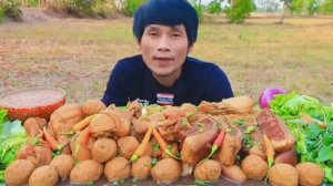 #MUKBANG Острая лапша, куриная голень, свиная грудинка и овощами.ASMR ЕДА НА КАМЕРУ ОБЖОР ОБЕД