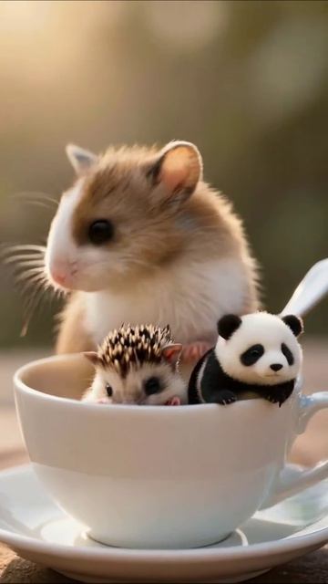 Милые друзья в чашке: ёжик хомяк и панда! милота домашниепитомцы животные