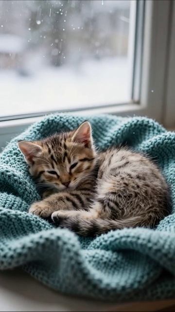 Милый котенок спит у окна котенок катенок снег