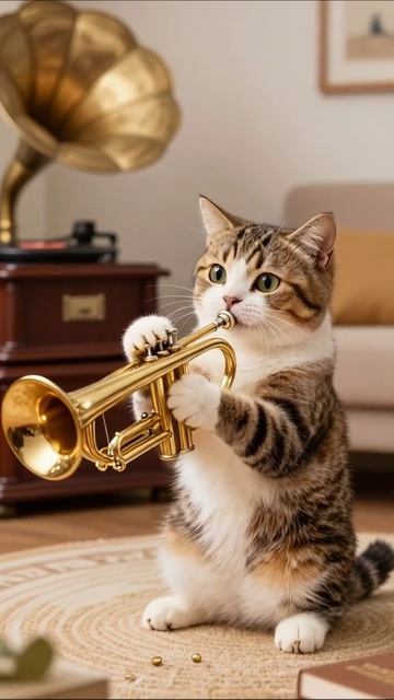 Кошка-музыкант с трубой котики музыка милота