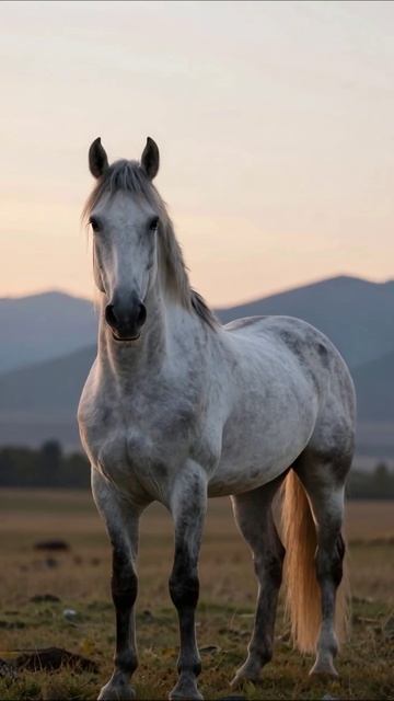 Красивый белый конь на фоне заката конь природа животные