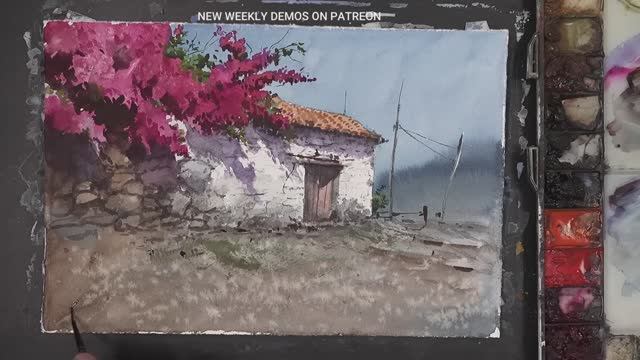 Как нарисовать средиземноморский дом с пышной бугенвиллеей акварелью