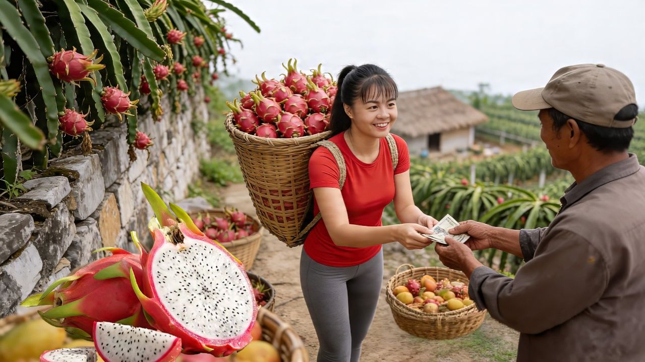 Собирала 1000 гигантских драконьих фруктов в саду  Еду на деревенский рынок и продавать их жителям.