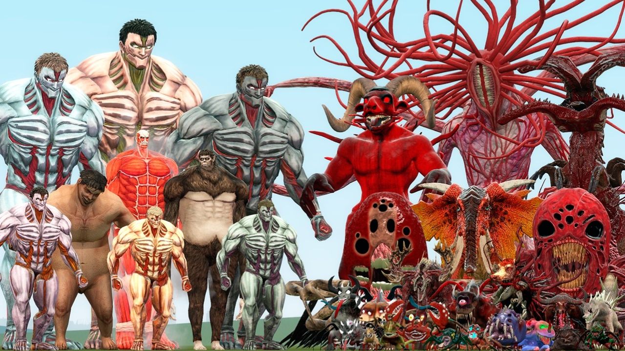 Все типы бронированных титанов из «Атаки титанов» против животных-боссов-королев из Zoochosis