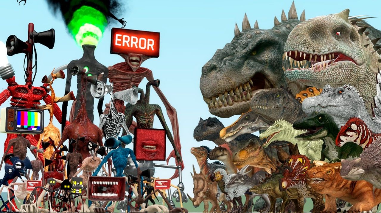 Все Трубоголовый, Мясоголовый и Сиреноголовый против семьи динозавров Тираннозавр Рекс