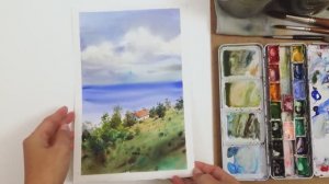 Процесс рисования акварелью простого пейзажа для начинающих