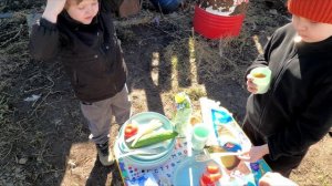 Обед на природе. Куры и кошки наелись наваги. Красим старую скамейку. Покатались с ветерком.