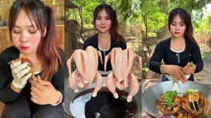 Девушка показывает потрясающий рецепт приготовления тушеной жареной курицы во фритюре