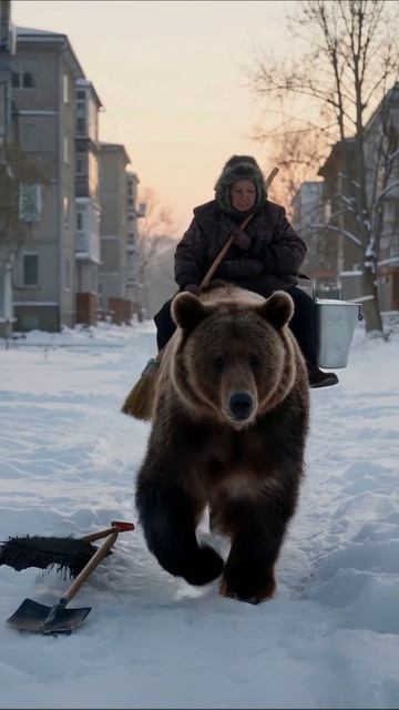 Бабушка на медведе: зимняя прогулка по городу медведь зима приключения