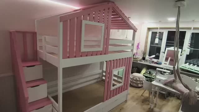 Кровать-домик 2-х ярусная Коломбино с лестницей комодом 100х200 см, Цвет: белая эмаль + РАЛ 3015