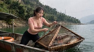 Девушка использует примитивную бамбуковую ловушку и наловила целую корзину рыбы. Жизнь во Вьетнаме