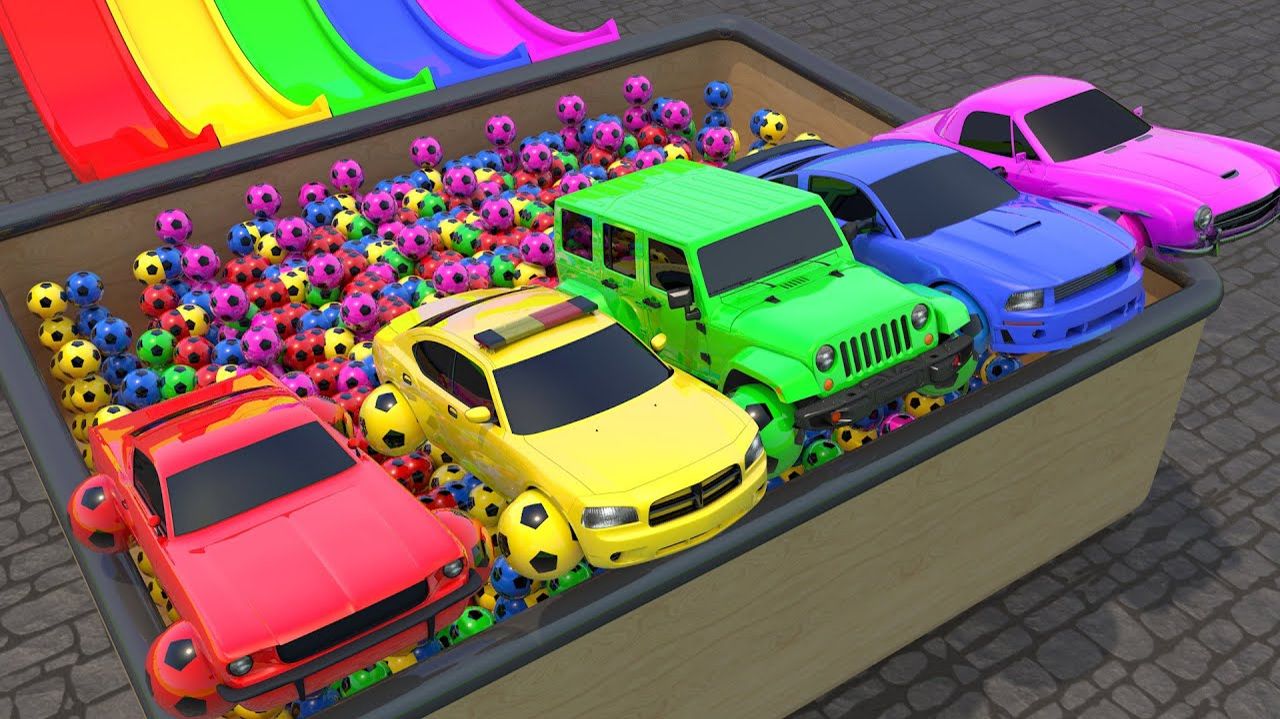 Игрушки и цвета для детей - учим цвета с помощью суперкаров, футбольных мячей и цветных слайдов