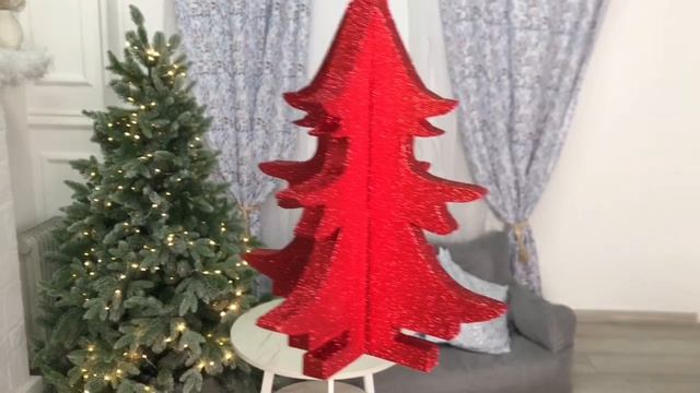 Елочное украшение ЁЛОЧКА ОБЪЕМНАЯ 3D с блестками пеноплекс красная 25 см ЕН-250-крас