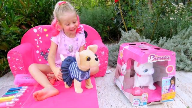 Nastya and magic drawing in color paints