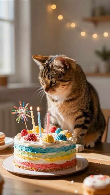 Котик и праздничный торт: забавный момент кот праздник торт