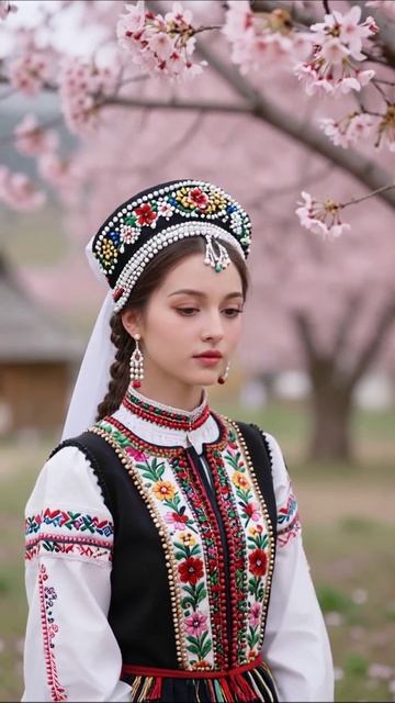 Красота вековых традиций в цветущем саду народныйодежда культура красиваядевушка