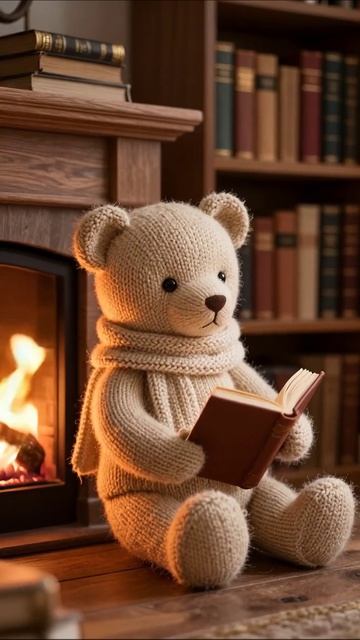Медвежонок с книгой у камина уют медвежонок чтение