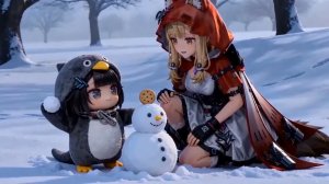 Рози и гугугага, маленькие пингвины, играют в снежки.