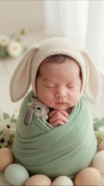 Милое утро: младенец с кроликом и яйцами младенец кролик праздник