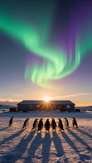 Пингвины под северным сиянием природа пингвины северноесияние