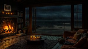 Уютный Камин у Моря и Ночной Дождь | Шум Волн для Сна и Отдыха