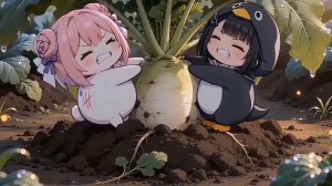 Маленький пингвиненок и Доро вместе собирают гигантскую морковку