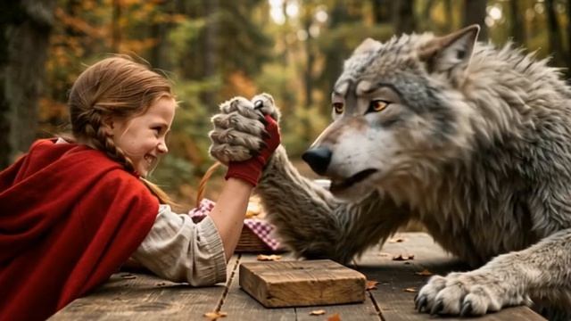 Красная шапочка и Серый волк борятся на руках