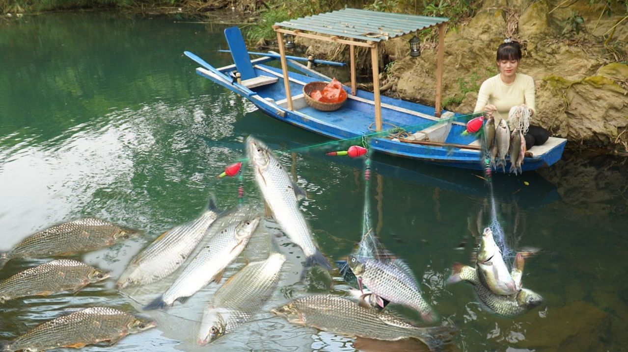 Я забрасываю крючок с лодки на пруду.— ловушка. Ловим много рыбы на продажу