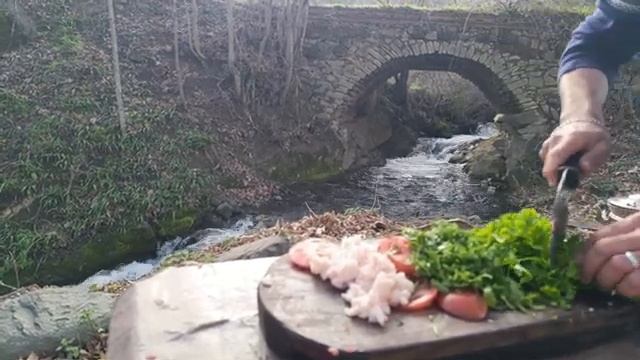 Бутерброд из хлеба по-деревенски с мясным шашлыком.