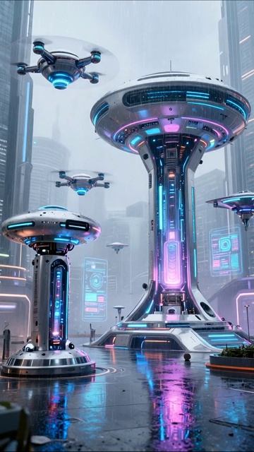 Будущее: Город с летающими платформами #футуризм #технологии #научнаяфантастика