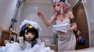 Ми Фу купает маленького пингвина гугугагу