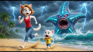 😱 Гигантский монстр-морская звезда атакует пляж! Мама-кошка и котёнок спасаются бегством