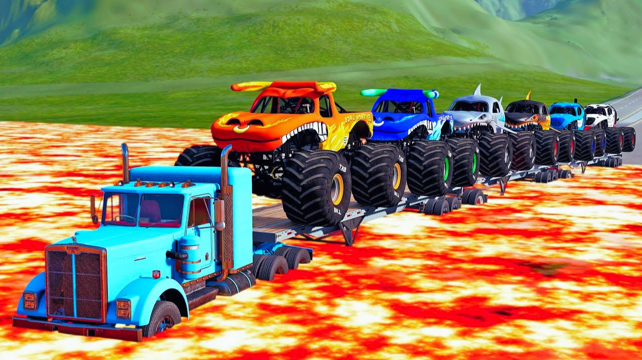 МУЛЬТИКИ ПРО МАШИНКИ Спасательная машина с длинным прицепом-платформой и монстр-траки Beamng Drive