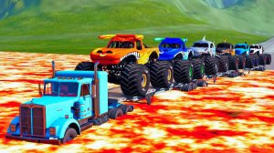 МУЛЬТИКИ ПРО МАШИНКИ Спасательная машина с длинным прицепом-платформой и монстр-траки Beamng Drive