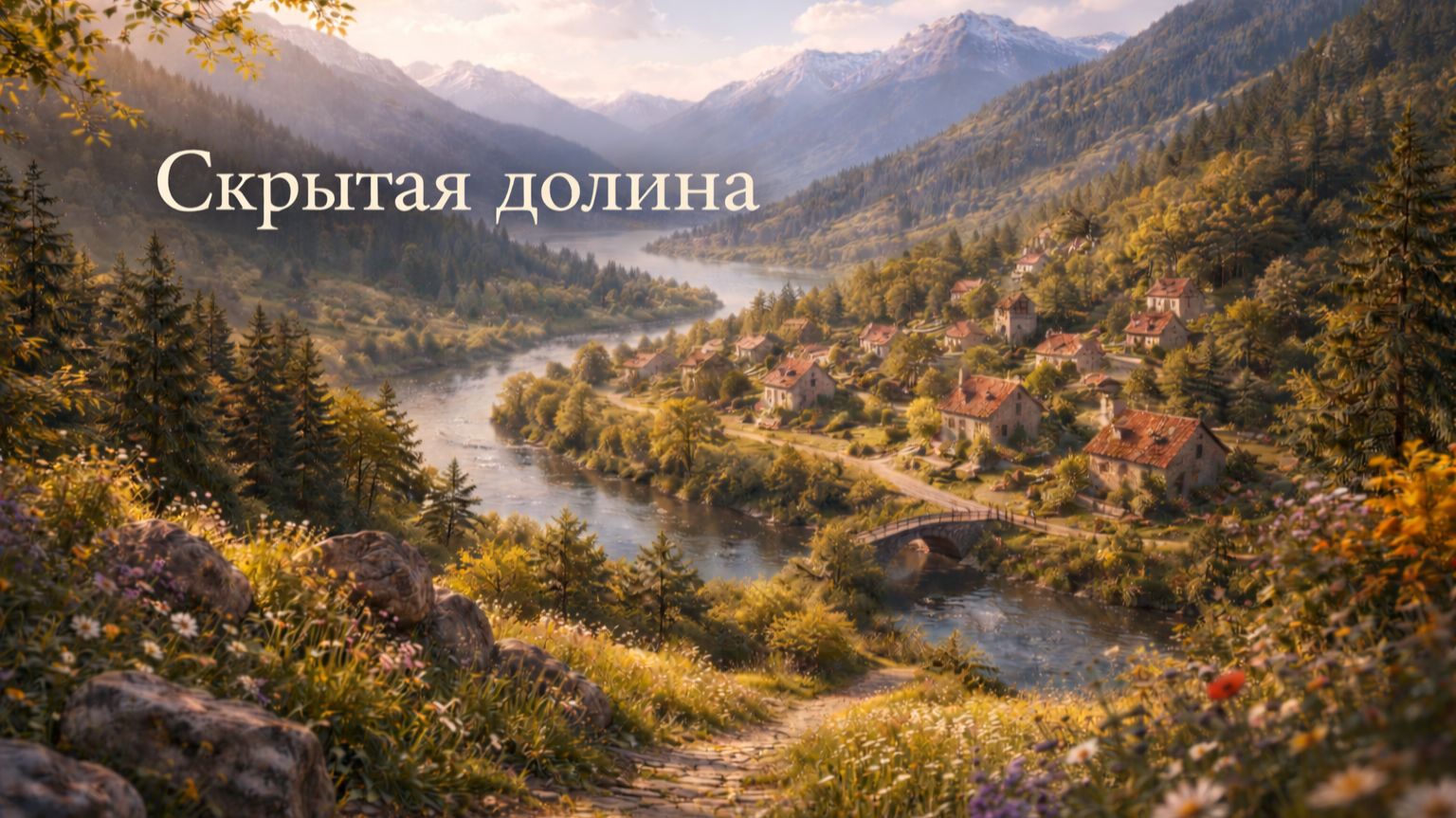 Уютная фэнтези деревня в летней горной долине | Расслабляющая атмосфера природы