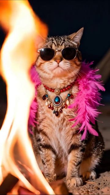 Стильный кот на вечеринке у костра! кот приключения веселье