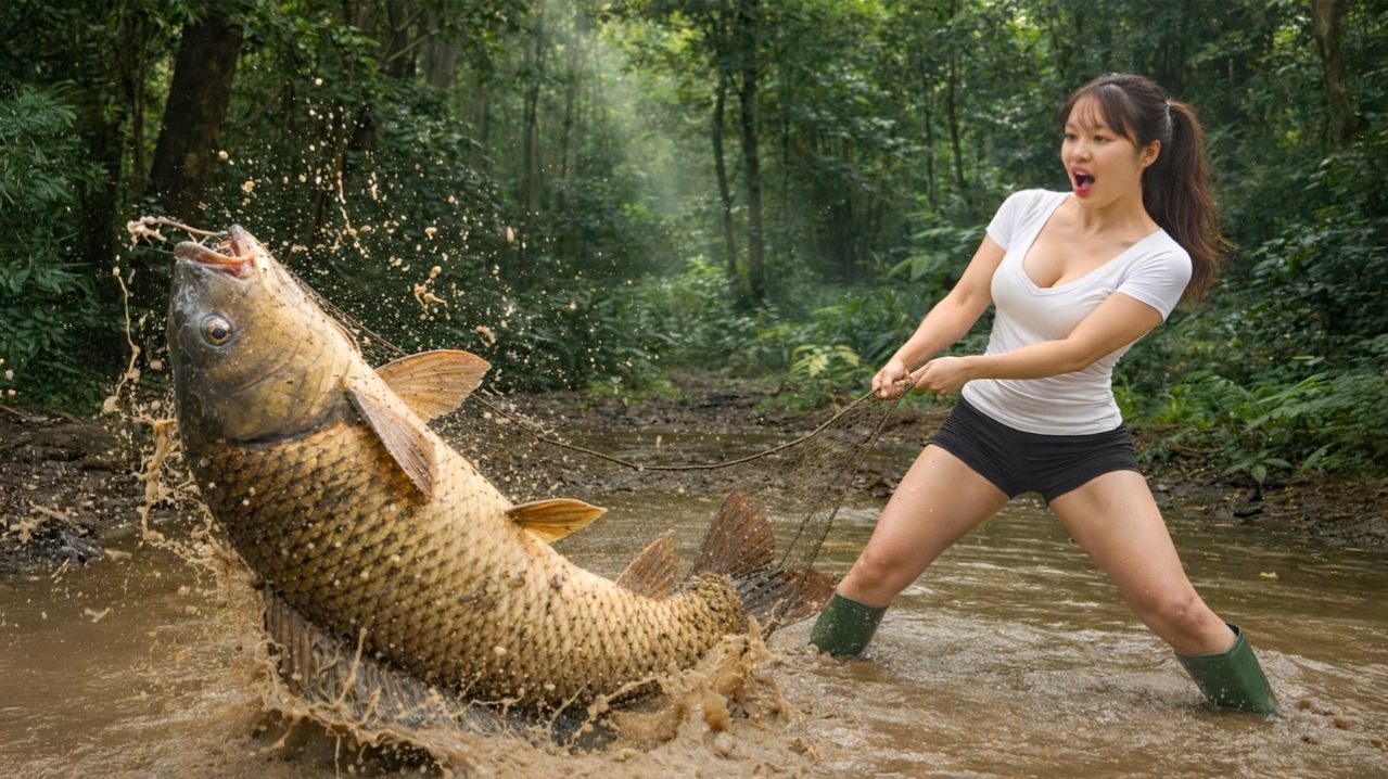 Традиционная техника ловли на удочку — красавица ловит крупного карпа и сома.