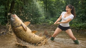 Традиционная техника ловли на удочку — красавица ловит крупного карпа и сома.