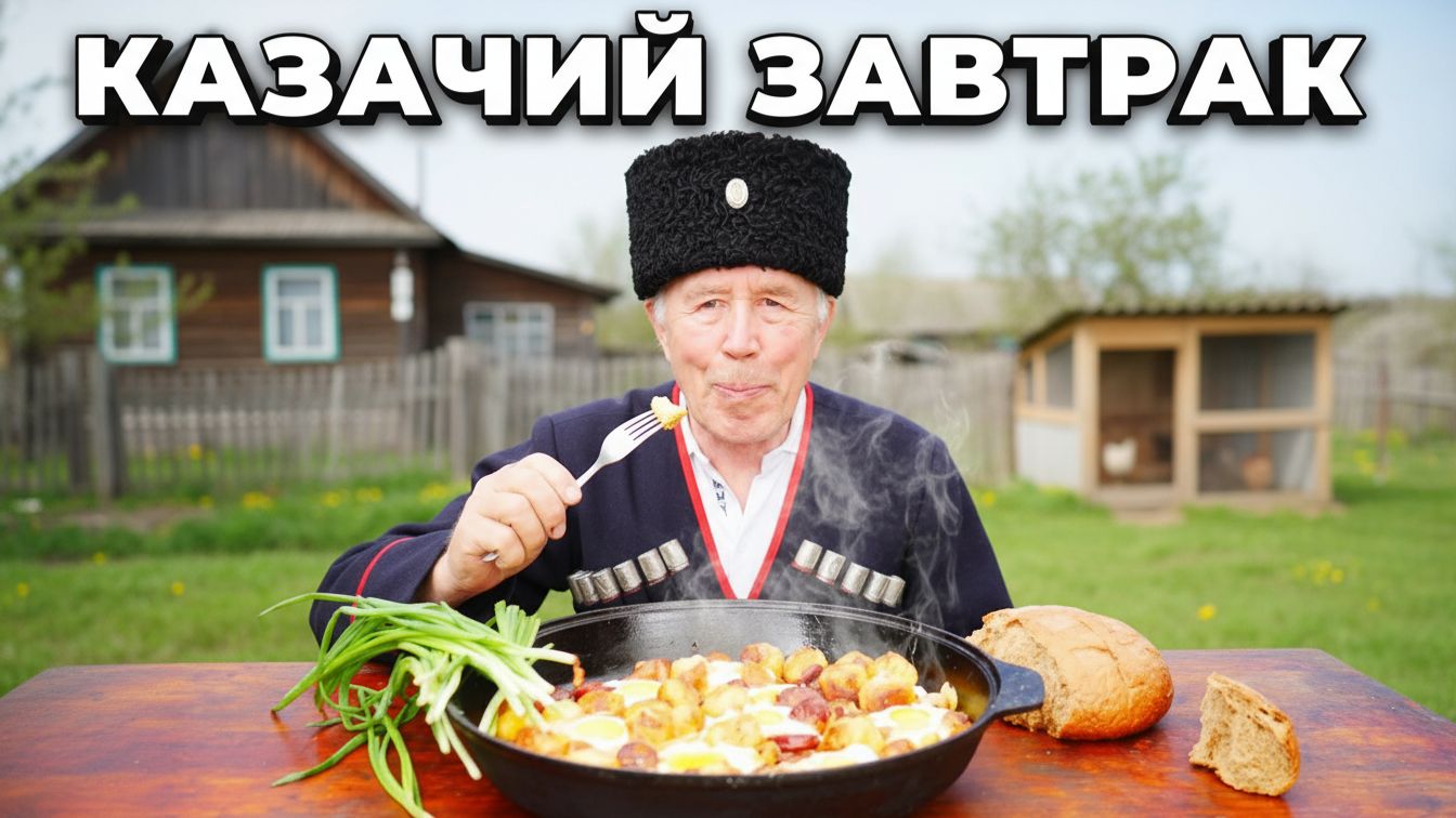Казачий завтрак: яичница с салом и молодым картофелем в молоке на сковороде