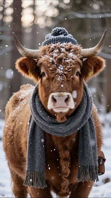 Зимний стиль: корова в шарфе и шапке #животные #зима #мода