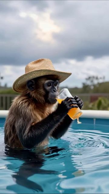 Обезьяна наслаждается коктейлем в шляпе обезьяна лето приключения