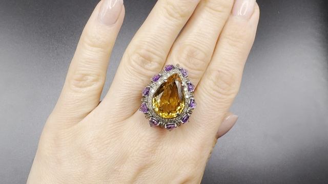ХХХ270 Кольцо с цитрином 9.85к, аметистами 9.85к и брилл 0.75к  р. 19 вес 9.1г