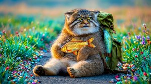 Один день😺 Манула: Ловля рыбы, приготовление пищи и еда 🐟😺🎬 МУЛЬТИК ДЛЯ ДЕТЕЙ, мультфильм, кошка