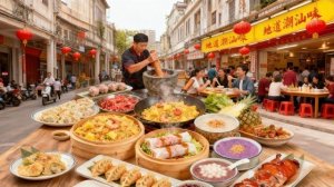 Уличная еда Гуандуна. Китайская кухня. Говяжьи фрикадельки, рис с ананасом, Чанфэнь