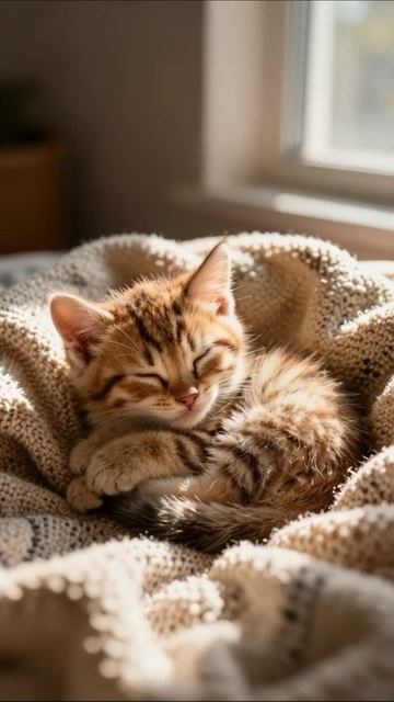 Милый котенок, спящий на уютном пледе #котенок #милаяживотное #сладкиецвета