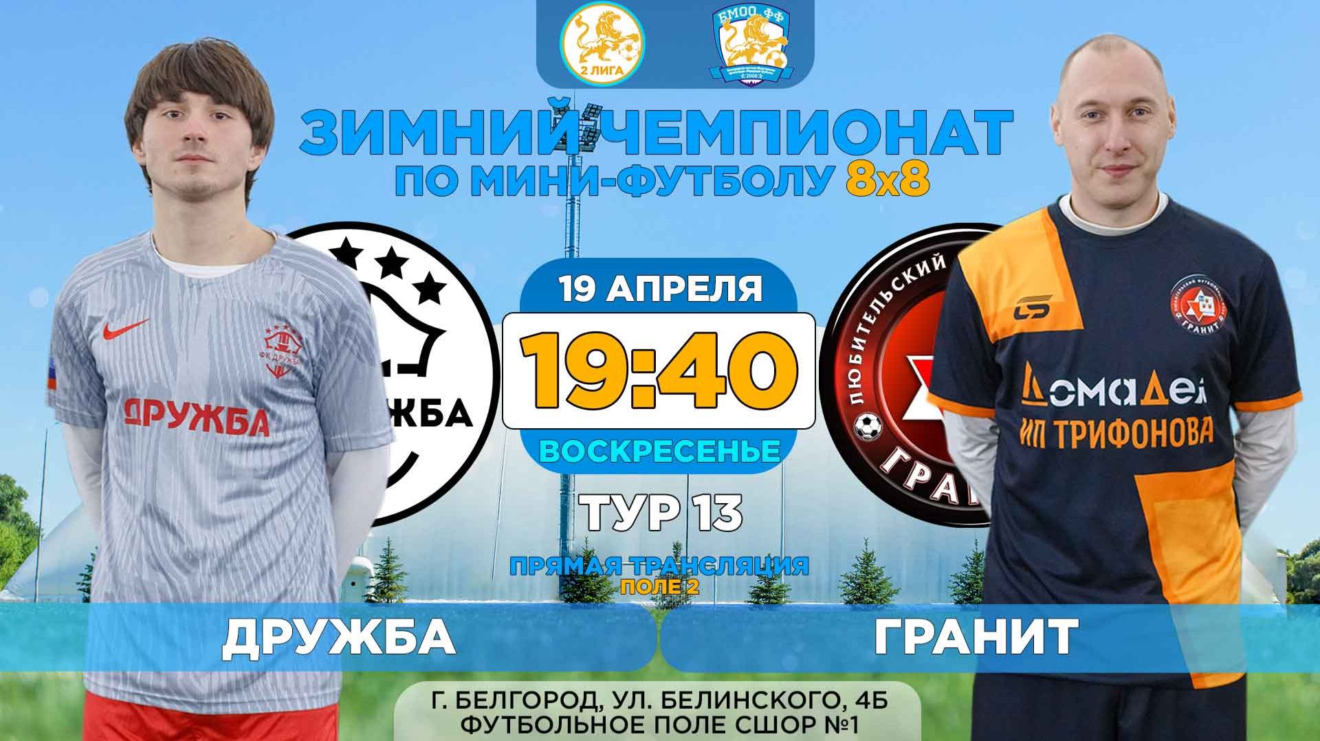 🏆 Зимний Чемпионат Белгорода 8x8 / 13 тур. 19.04.2026. ⚽ «Дружба» - «Гранит». 2 лига