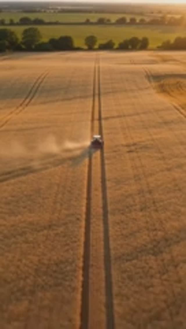 Золотые пшеничные поля и трактор едет