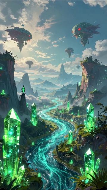 Магический мир кристаллов и летающих островов фантазия кристаллы пейзаж