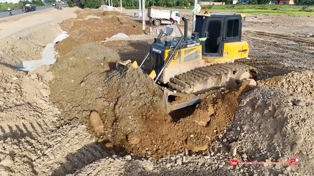 Perfectly Bulldozer Push Spreading Stones Delete On The Sewer Completed & Dump Trucks Dumping Stones
